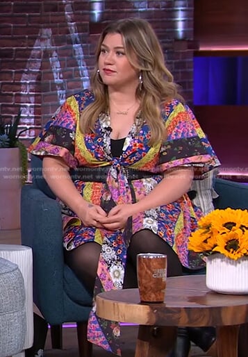 Kelly's floral patchwork tie front dress on The Kelly Clarkson Show