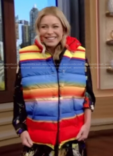 Kelly's multicolor striped down vest on Live with Kelly and Ryan