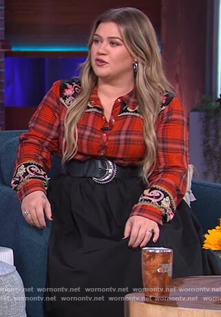 Kelly's red plaid embroidered shirt on The Kelly Clarkson Show