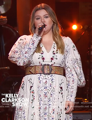 Kelly's white floral embroidered dress on The Kelly Clarkson Show