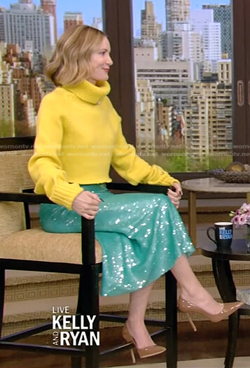Leslie Mann's yellow turtleneck sweater and sequin skirt on Live with Kelly and Ryan