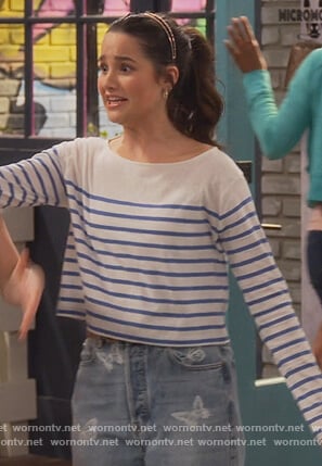 Lex's blue striped cropped tee on Side Hustle