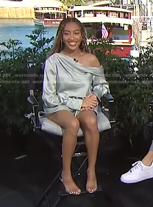 Lexi Underwood's sage green one off-shoulder top and shorts on Access Hollywood