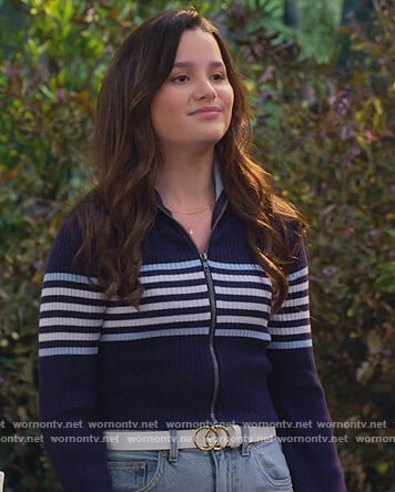 Lex's blue stripe zip front sweater on Side Hustle