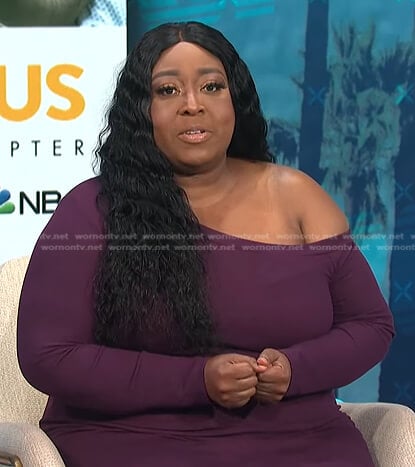 Loni’s purple one off-shoulder dress on E! News Daily Pop