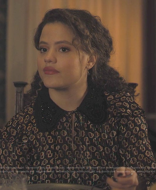 Maggie's metallic patterned dress with sequin collar on Charmed