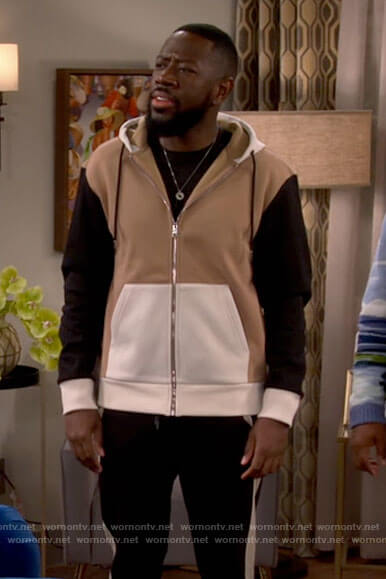 Malcolm's colorblock hoodie on The Neighborhood