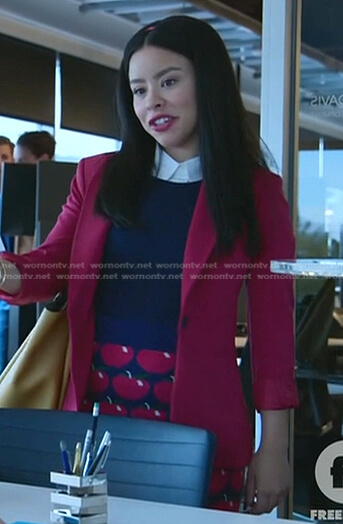 Mariana's blue apple print skirt on Good Trouble
