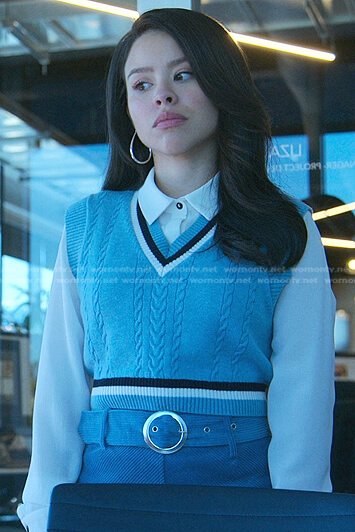 Mariana's blue cropped vest and belted mini skirt on Good Trouble