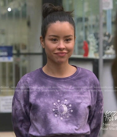 Mariana's purple tie dye cropped sweatshirt on Good Trouble