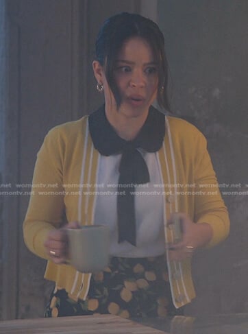 Mariana's yellow cardigan and lemon print skirt on Good Trouble