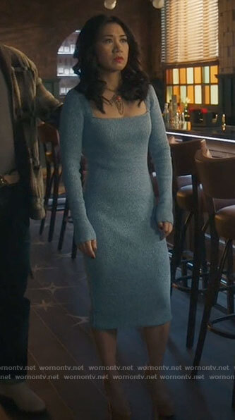 Mel's blue ribbed square-neck dress on The Equalizer
