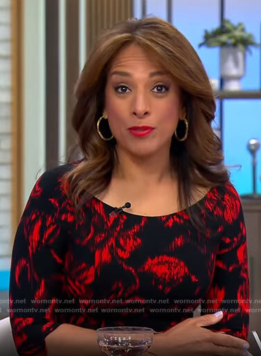 Michelle Miller's balck and red floral dress on CBS Saturday Morning