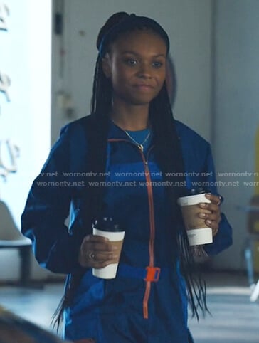 Naomi's blue utility romper on Naomi