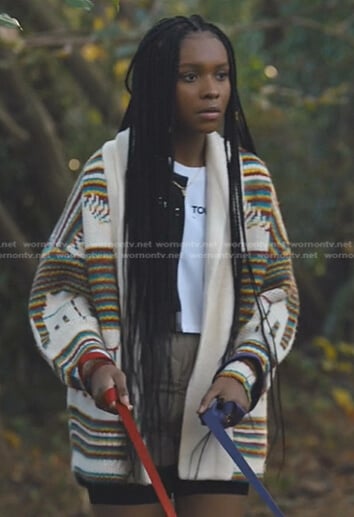 Naomi's black and white cropped tee and cardigan on Naomi