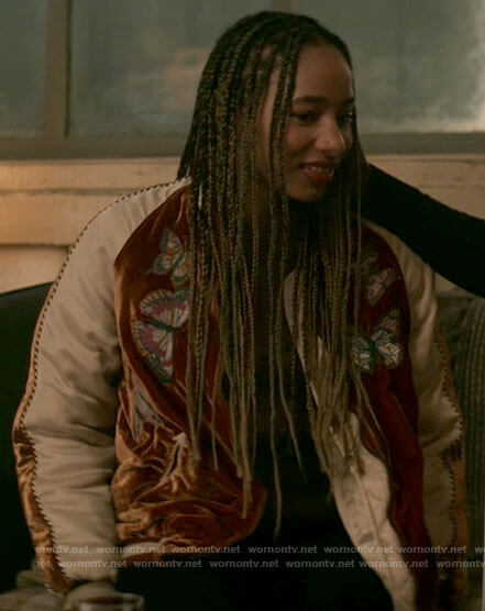 Natalie's butterfly velvet bomber jacket on Superman and Lois