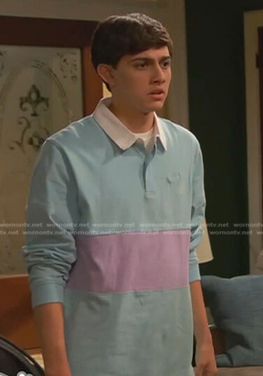 Neil's blue colorblock rugby shirt on Ravens Home