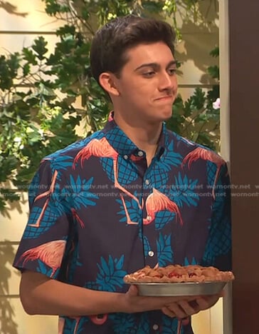 Neil's navy flamingo print shirt on Ravens Home