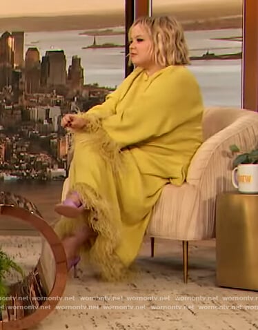 Nicola Cougllah's yellow feather trim maxi dress on The Drew Barrymore Show