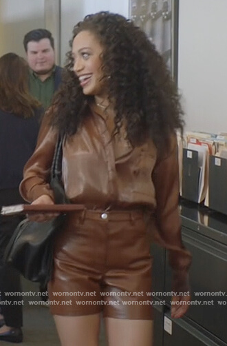 Olivia's brown leather shorts on All American