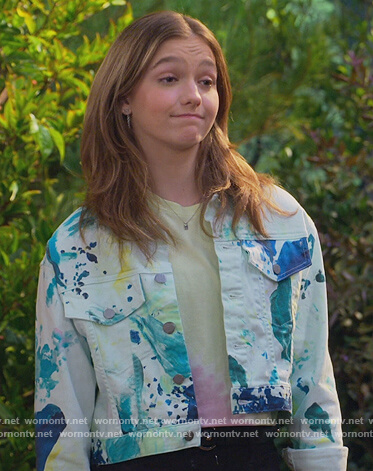 Presley's paint splatter denim jacket on Side Hustle