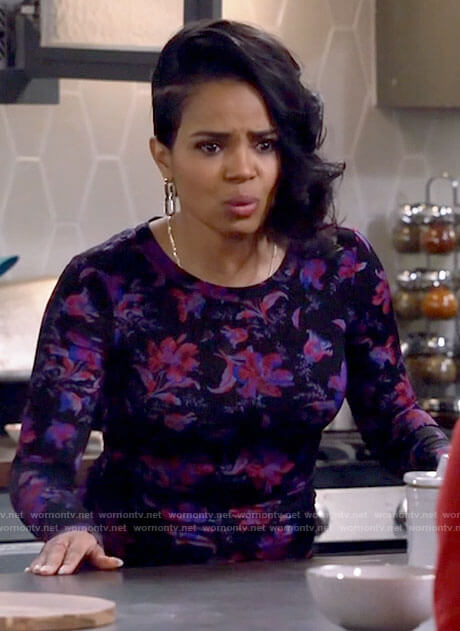Randi's black and purple floral top on Call Me Kat