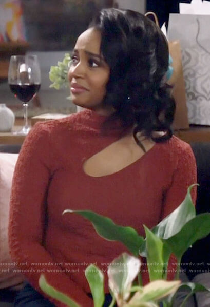 Randi's red textured top with cutout on Call Me Kat