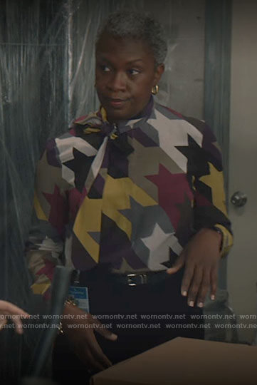 Rhonda's houndstooth blouse on Good Sam