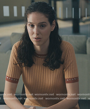 Rian's beige studded short sleeve sweater on Billions