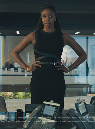 Kate's black leather trim belted dress on Billions