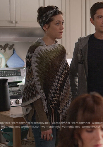 Sarah's gray geometric print cape on Home Economics on Home Economics