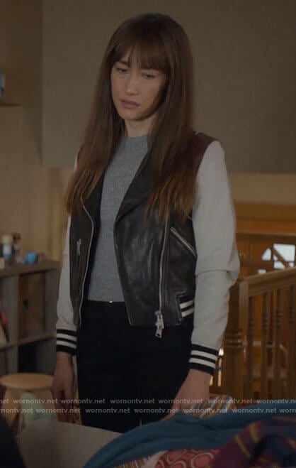 Sarah's colorblock leather jacket on Pivoting