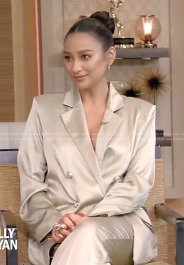 Shay Mitchell's sage green satin blazer and pants on Live with Kelly and Ryan