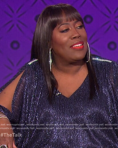 Sheryl's blue metallic split sleeve blouse on The Talk