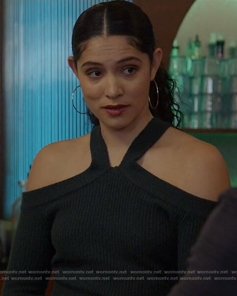 Stella's black cold-shoulder sweater on Chicago Fire