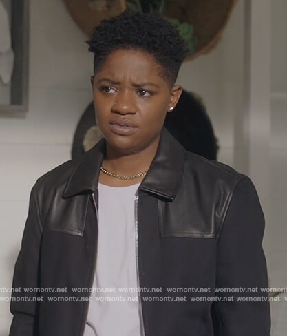Tamia's black mixed media jacket on All American