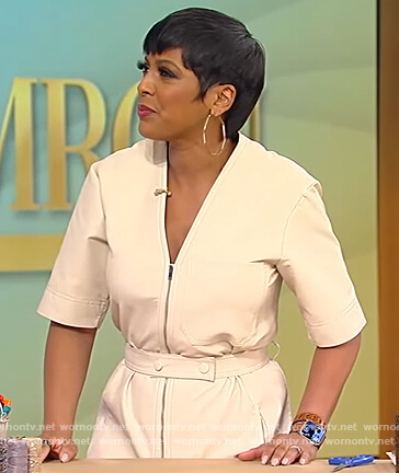 Tamron's beige leather jumpsuit on Tamron Hall Show
