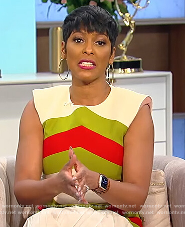 Tamron's sleeveless chevron print dress on Tamron Hall Show