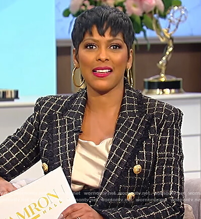 Tamron's black metallic check blazer on Tamron Hall Show