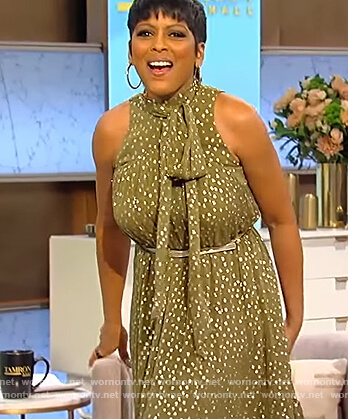 Tamron's green metallic tie neck dress on Tamron Hall Show