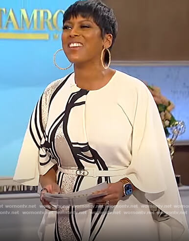 Tamron's white printed cape mini dress on Tamron Hall Show