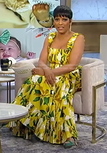 Tamron's yellow floral top and skirt on Tamron Hall Show