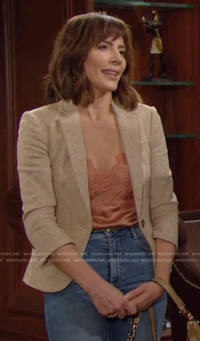 Taylor's beige blazer and lace cami on The Bold and the Beautiful