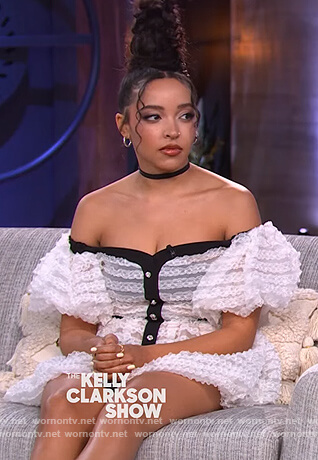 Tinashe's white contrast lace off shoulder dress on The Kelly Clarkson Show