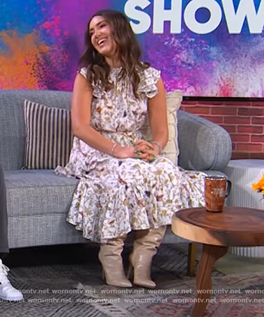Tinx's white butterfly print sleeveless dress on The Kelly Clarkson Show