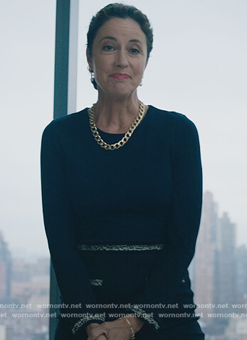 Katerina Brett's navy tweed trim midi dress on Billions