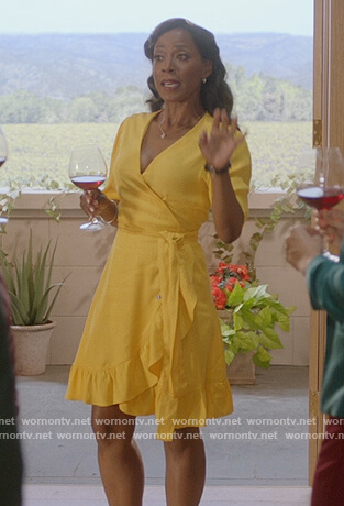 Vanessa's yellow wrap dress on The Kings of Napa