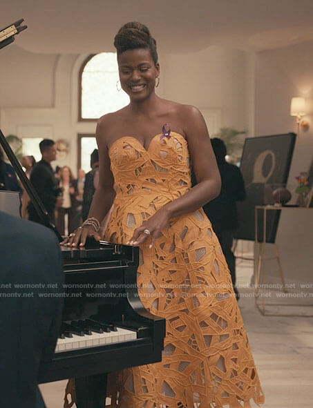 Viv's orange strapless midi dress on Bel-Air