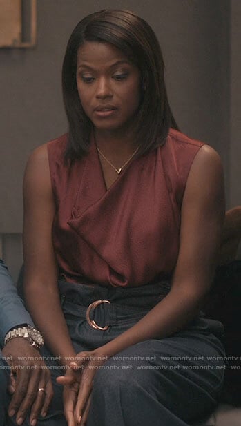Viv's red sleeveless cowl neck blouse on Bel-Air