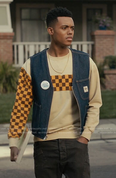 Will's checkerboard sweatshirt and denim vest on Bel-Air